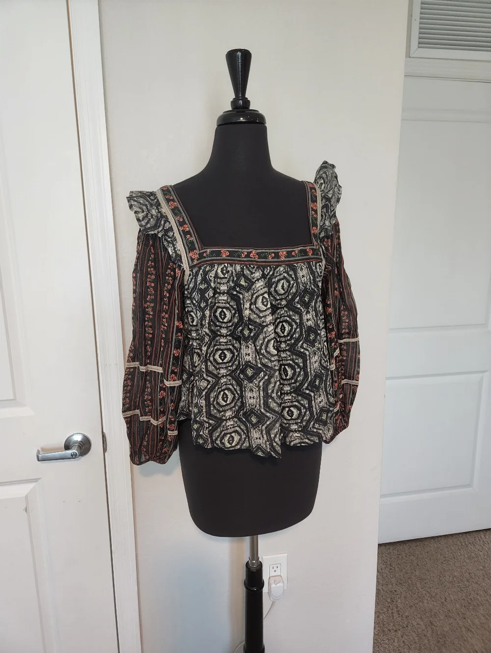 Bohemian Square-Neck Mixed Print Blouse - Black with Rust Accents